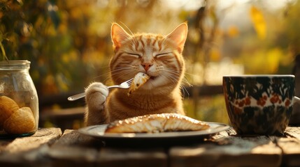 Red cat enjoying delicious meal outdoors with fork and knife