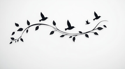 Obraz premium Dark silhouettes of birds are depicted in flight along a decorative vine with leaves