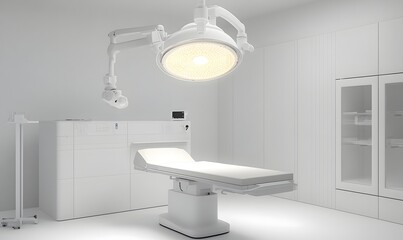 Sterile white operating room with surgical lamp, table, and cabinets.