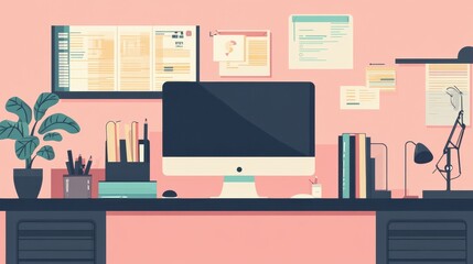 Modern Workspace Featuring Computer Desk Plant and Documents