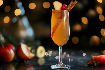 Sparkling apple beverage served with cinnamon sticks and fresh fruit