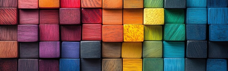 A pattern of colorful wooden blocks arranged in a grid.