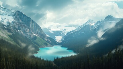 Mountain lake, panoramic view, Canada, misty, travel