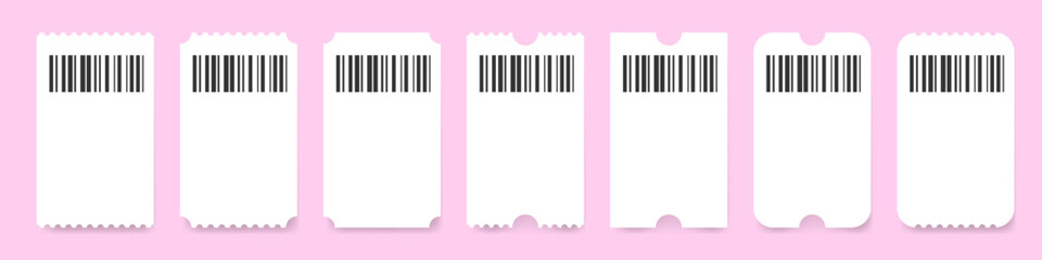 Set of white ticket mockups with bar codes, ruffle edges and shadows. Small vertical empty templates. Concert, movie or theater ticket. Blank, lottery, sale coupon