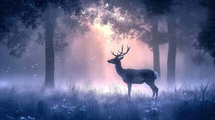 Majestic deer standing in misty forest at dawn nature photography ethereal atmosphere serene viewpoint