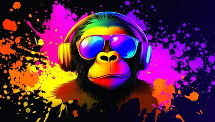 Obraz premium generative AI-created image of a party monkey with headphones set against a colorful abstract backdrop