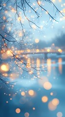 Blurred glowing lights on snowy city streets, creating a cozy wintery urban backdrop with warm and tranquil ambiance, style book illustration