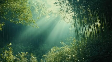Obraz premium Serene bamboo forest nature scene lush greenery tranquil environment captivating viewpoint peaceful atmosphere for relaxation