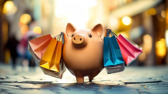 Pink piggy bank holding colorful shopping bags, symbolizing saving money while shopping and smart spending habits. Video made using Generative AI.