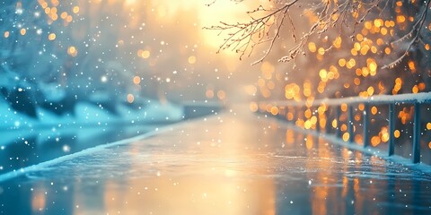 Naklejka premium Blurred glowing lights on snowy city streets, creating a cozy wintery urban backdrop with warm and tranquil ambiance, style book illustration