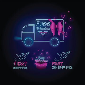 Neon Banner Set with Free Shipping, Fast Shipping and One day Shipping text, harts, truck, plane, gift box, magenta bow and stylish magenta elements for Digital and Retail Marketing