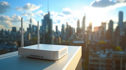 Router bezprzewodowy na nowoczesnym balkonie w mieście, z widokiem na miejską panoramę i błękitne niebo.