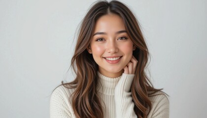 Naklejka premium Smiling young woman with healthy, beautiful skin and wavy brown hair.