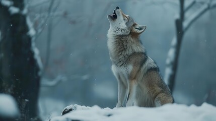 Fototapeta premium Howling wolf in snowy forest wild nature photography winter wonderland dramatic scene wildlife concept