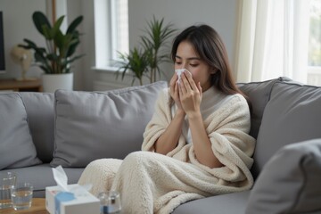 Asian young female sneezing on sofa wrapped in blanket at home with tissues nearby