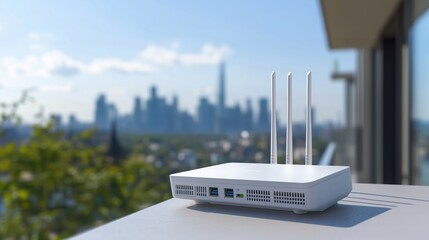 Router bezprzewodowy na nowoczesnym balkonie w mieście, z widokiem na miejską panoramę i błękitne niebo.