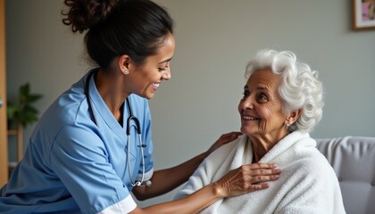 Obraz premium Young hispanic nurse assisting elderly woman at home
