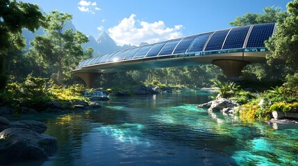 Solar Powered Bridge Over Serene River Surrounded by Lush Nature