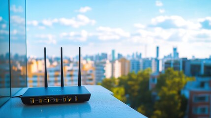 Router bezprzewodowy na nowoczesnym balkonie w mieście, z widokiem na miejską panoramę i błękitne niebo.