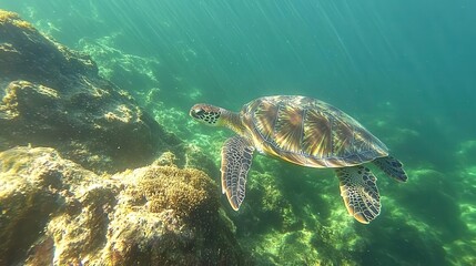 Naklejka premium Majestic sea turtle swimming near coral reef ocean underwater photography tropical environment marine life concept