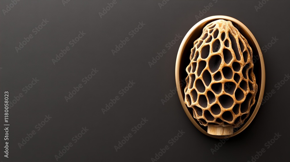 Poster intricate honeycomb-like structure of a morel mushroom displayed in an elegant, dark setting.