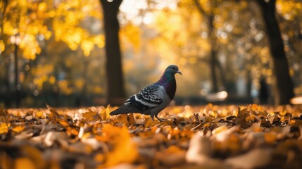 Miejski park w spokojnej atmosferze, z gołębiem spacerującym po opadłych liściach, w naturalnym świetle, które uwydatnia ciepłą kolorystykę jesiennego krajobrazu.