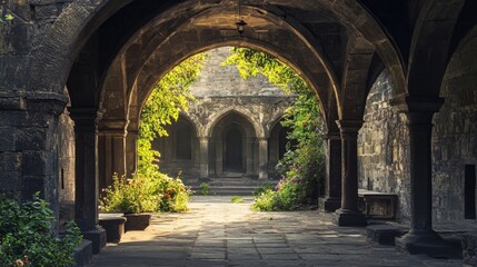 Obraz premium Ancient Stone Courtyard with Sunlight
