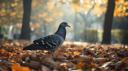 Miejski park w spokojnej atmosferze, z gołębiem spacerującym po opadłych liściach, w naturalnym świetle, które uwydatnia ciepłą kolorystykę jesiennego krajobrazu.