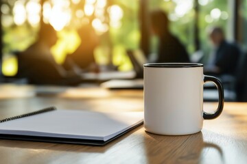 Morning meeting ambiance: coffee mug and notepad in sunlit office