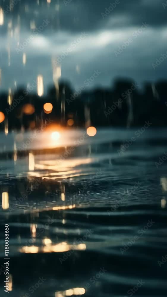 Poster raindrops create ripples on a tranquil lake at dusk with soft glowing lights in the background