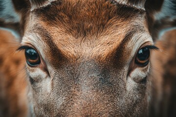 Close-up of a deer's face, showcasing its expressive eyes and textured fur.