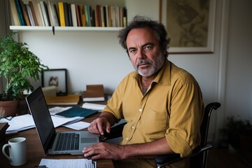 Mature caucasian male working at home office desk with laptop and books