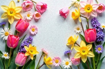 Top down view, many spring flowers, tulips, daffodils, daisies, chamomile, lilac, background made of flowers, soft light pastel colors