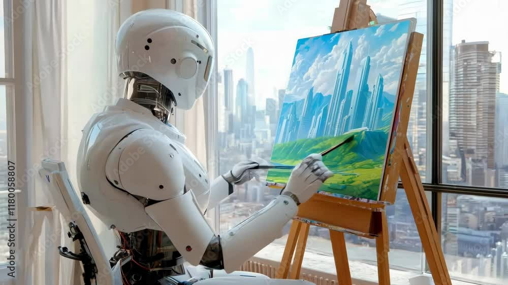 Poster a robotic figure sits at an easel, focused on creating artwork while a stunning cityscape is visible