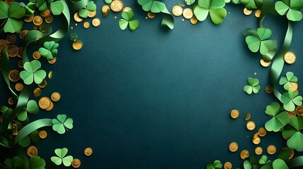 Naklejka premium Green Shamrock Leaves and Clovers on Dark Background for St Patrick s Day