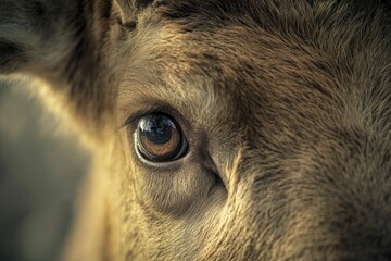 Close-up of a deer's eye, reflecting nature's beauty and serenity.