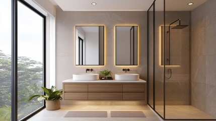 Fototapeta premium A modern bathroom featuring dual sinks, stylish mirrors, a glass shower, and natural light from large windows.