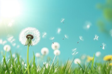 Dandelion seeds blowing in sunny breeze on a clear day