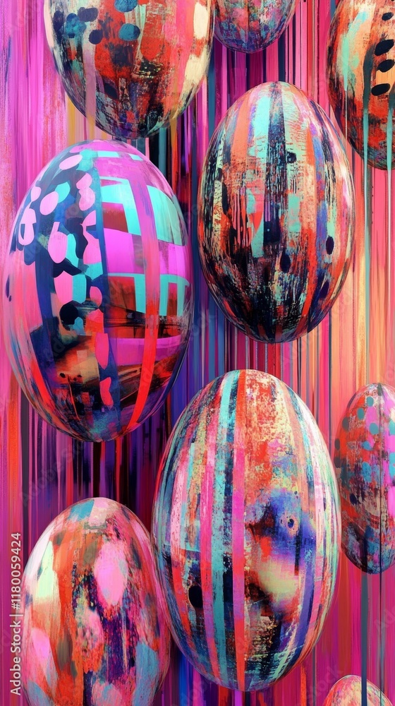 Poster vibrant abstract geometric shapes resembling futuristic easter eggs in a colorful, sharp-detailed de