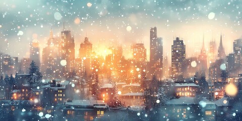 Fototapeta premium Abstract blurred city lights glowing softly against a snowy urban setting, evoking a magical and peaceful winter mood, style book illustration