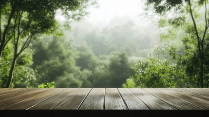 Piękny widok na las, z drewnianym stołem w pierwszym planie, na którym spoczywa natura, a w tle widać gęste, zielone drzewa.