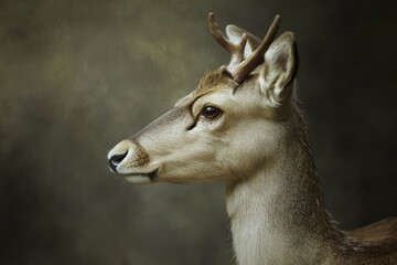 Obraz premium Profile of a young deer, showcasing its delicate features and nascent antlers against a muted background.