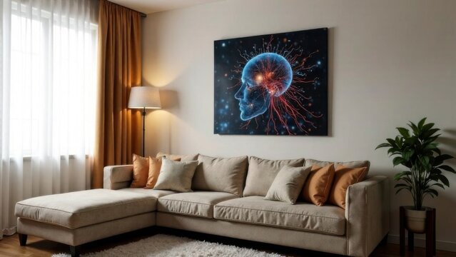  There is a picture on the wall, obviously a neuropicture in an apartment with big brown sofa