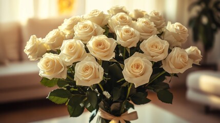 Obraz premium a bouquet of delicate white roses wrapped with a bow 