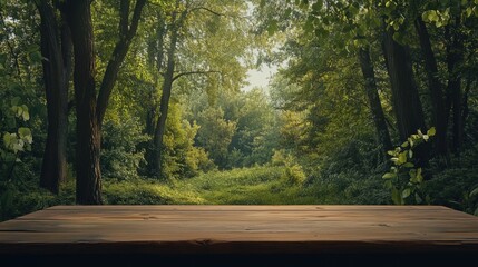 Piękny widok na las, z drewnianym stołem w pierwszym planie, na którym spoczywa natura, a w tle widać gęste, zielone drzewa.