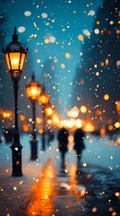 Abstract blurred city lights glowing softly against a snowy urban setting, evoking a magical and peaceful winter mood, style book illustration