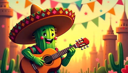 Cartoon cactus character playing guitar in festive desert setting