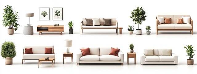 Home room interior sofa design house furniture 3d icon set. Armchair interior modern home room table chair decor couch white illustration background office lounge kitchen object isometric bed tv.