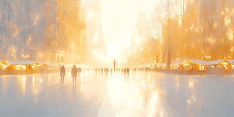 Naklejka premium Abstract blurred bokeh lights illuminating snow-covered urban streets, creating a peaceful and magical winter scene, style book illustration