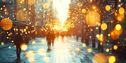 Abstract blurred bokeh lights illuminating snow-covered urban streets, creating a peaceful and magical winter scene, style book illustration